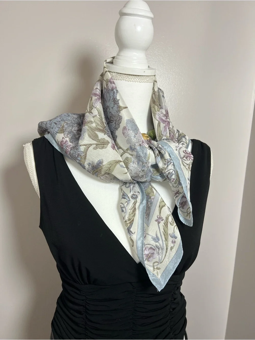 Vintage 1980s–90s 100% Silk Square Scarf Floral Pastel Blue Festival Cottagecore